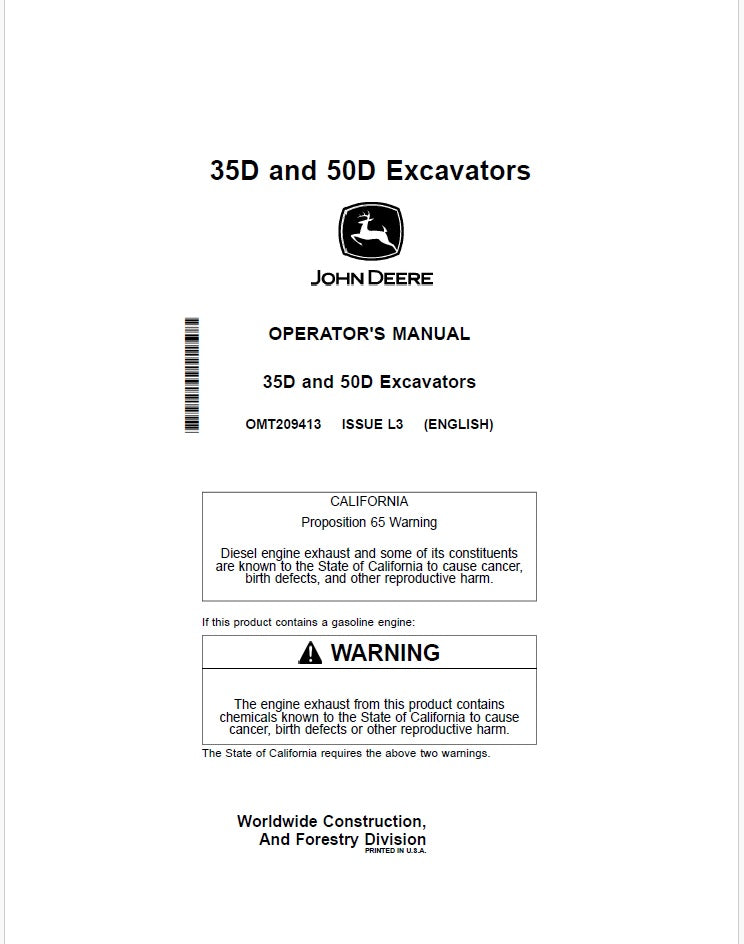 John Deere 35D and 50D Compact Excavator Operator's Manual PDF OMT209413
