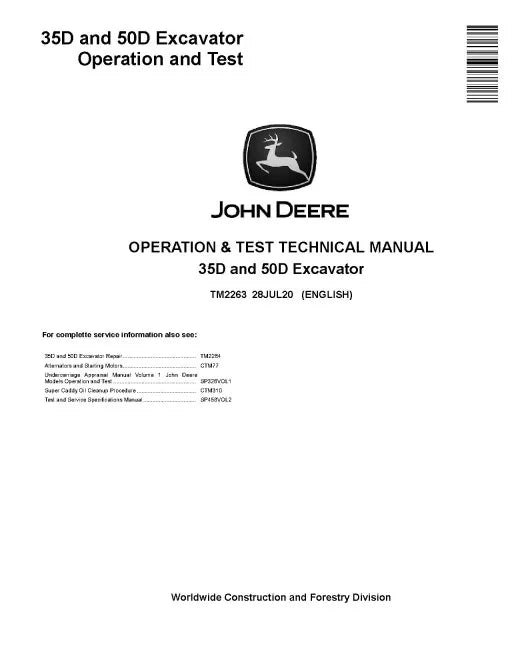 John Deere 35D and 50D Compact Excavators Operation and Test Pdf Manual TM2263
