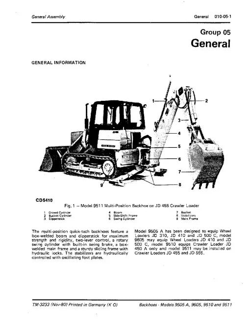 John Deere 9505A, 9510A, 9511 and 9605 Backhoes Pdf Technical Service Repair Manual TM3233 2