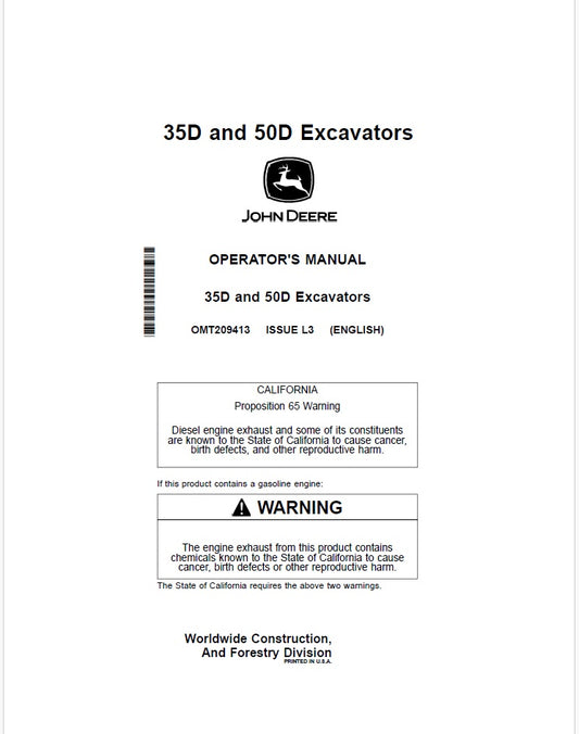 John Deere 35D and 50D Compact Excavator Operator's Manual PDF OMT209413