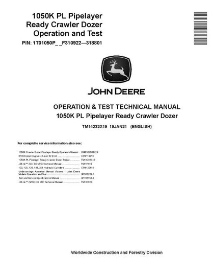 John Deere 1050K PL Pipelayer Ready Crawler Dozer Pdf Diagnostic, Operation and Test Manual TM14232X19
