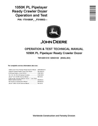John Deere 1050K PL Pipelayer Ready Crawler Dozer Pdf Diagnostic, Operation and Test Manual TM14351X19