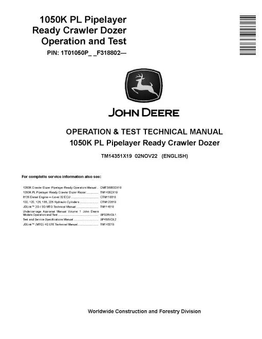 John Deere 1050K PL Pipelayer Ready Crawler Dozer Pdf Diagnostic, Operation and Test Manual TM14351X19