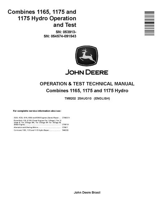 John Deere 1165, 1175 and 1175 Hydro Combines Pdf Diagnostic, Operation and Test Manual TM8202