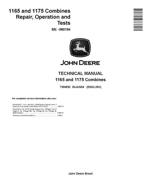 John Deere 1165 and 1175 Combines Pdf Repair, Operation and Test Manual TM4930