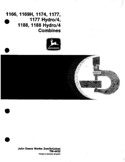 John Deere 1166, 1169H, 1174, 1177, 1177 Hydro/4, 1188 and 1188 Hydro/4 Combines Pdf Technical Service Repair Manual TM4452