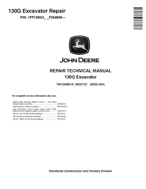 John Deere 130G Crawler Excavator Pdf Technical Service Repair Manual TM13348X19