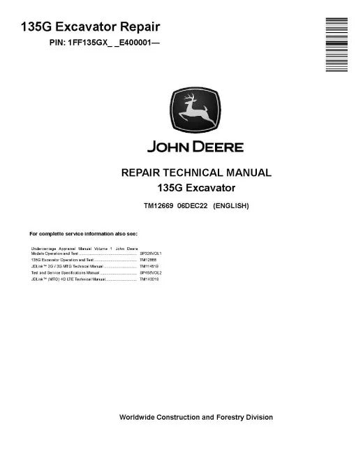 John Deere 135G Crawler Excavator Pdf Technical Service Repair Manual TM12669