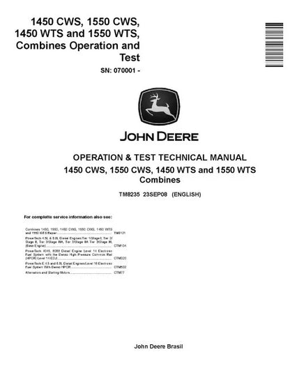 John Deere 1450 CWS, 1450 WTS, 1550 CWS and 1550 WTS Combines Pdf Diagnostic, Operation and Test Manual TM8235
