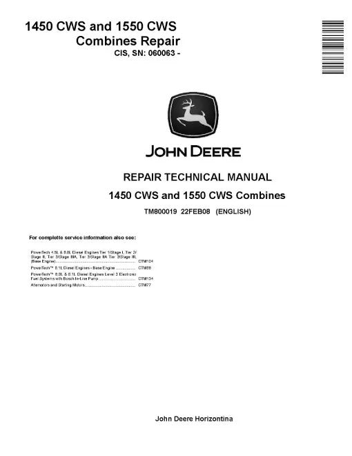 John Deere 1450 CWS and 1550 CWS Combines Pdf Technical Service Repair Manual TM800019