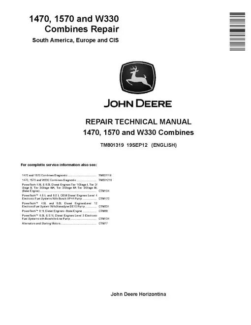 John Deere 1470, 1570 and W330 Combines Pdf Technical Service Repair Manual TM801319