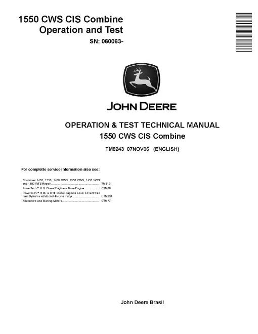 John Deere 1550 CWS CIS Combines Pdf Diagnostic, Operation and Test Manual TM8243
