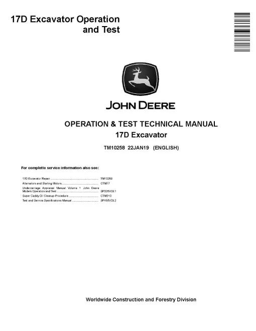 John Deere 17D Compact Excavator Pdf Diagnostic, Operation and Test Manual TM10258