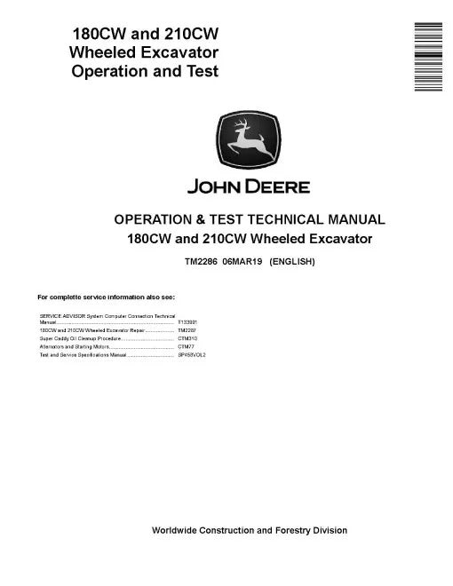 John Deere 180CW and 210CW Wheeled Excavators Repair Manual (TM2287)