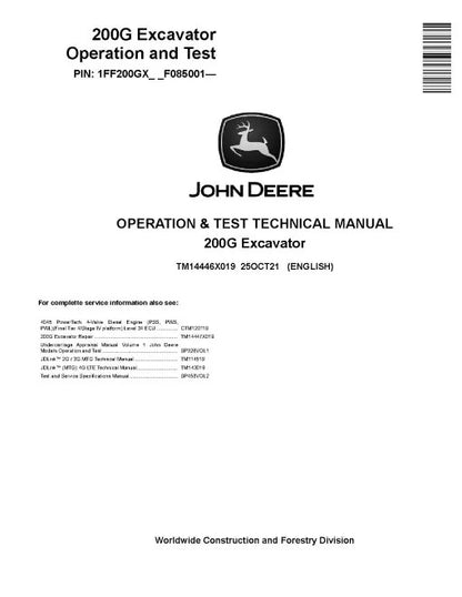 John Deere 200 G-Tier (SN. from F085001) Crawler Excavators Operation and Test Manual (TM14446X019)