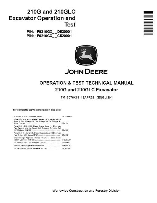 John Deere 210G and 210GLC Crawler Excavator Pdf Diagnostic, Operation and Test Manual TM13076X19