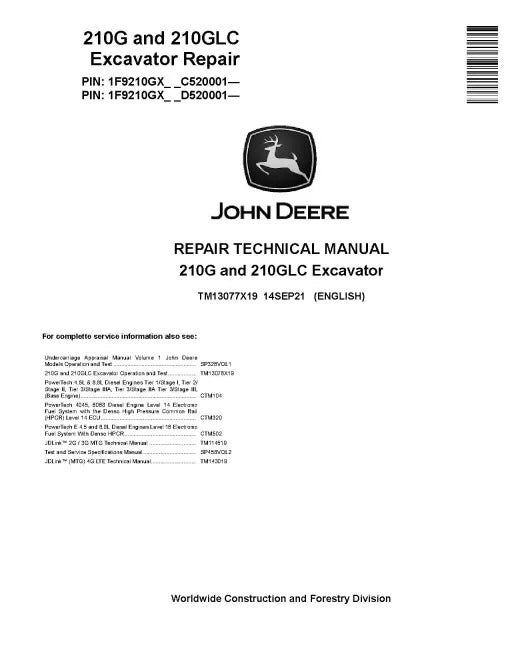 John Deere 210G and 210GLC Crawler Excavator Pdf Technical Service Repair Manual TM13077X19