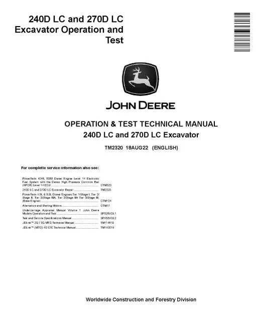 John Deere 240D LC and 270D LC Crawler Excavators Operation and Test Manual (TM2320)