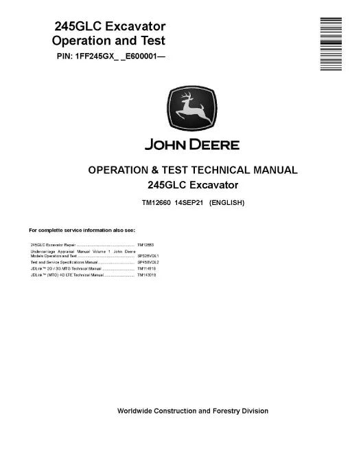 John Deere 245GLC Crawler Excavator Pdf Diagnostic, Operation and Test Manual TM12660