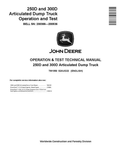 John Deere 250D and 300D Articulated Dump Truck Pdf Diagnostic, Operation and Test Manual TM1950