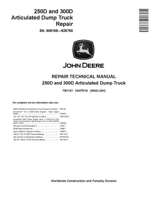 John Deere 250D and 300D Articulated Dump Truck Pdf Technical Service Repair Manual TM1161