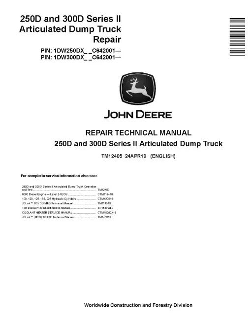 John Deere 250D and 300D Series II Articulated Dump Truck Pdf Technical Service Repair Manual TM12405