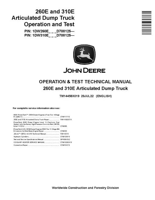 John Deere 260E and 310E Articulated Dump Truck Pdf Diagnostic, Operation and Test Manual TM14458X019