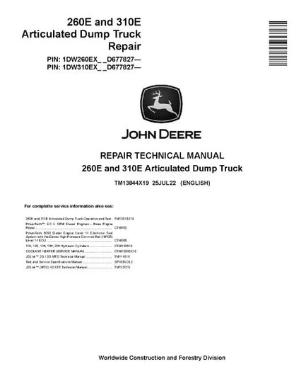 John Deere 260E and 310E Articulated Dump Truck Pdf Technical Service Repair Manual TM13844X19