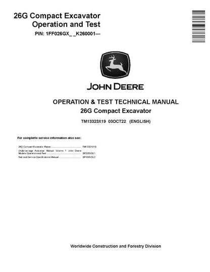 John Deere 26G Compact Excavator Pdf Diagnostic, Operation and Test Manual TM13323X19