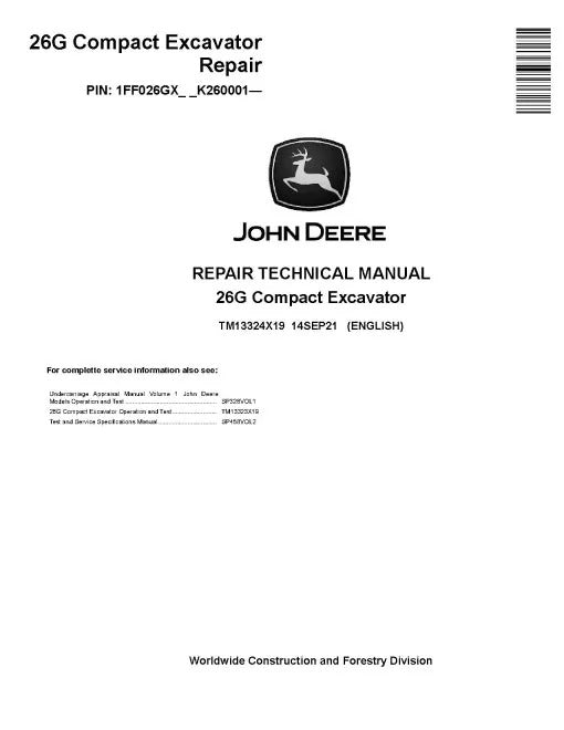 John Deere 26G Compact Excavator Pdf Technical Service Repair Manual TM13324X19