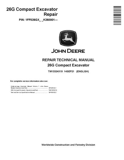 John Deere 26G Compact Excavator Pdf Technical Service Repair Manual TM13324X19