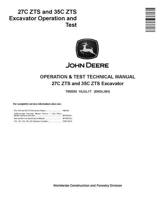 John Deere 27C ZTS and 35C ZTS Compact Excavators Operation and Test Manual (TM2052)