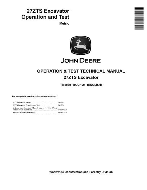 John Deere 27ZTS Compact Excavators (Metric) Operation and Test Manual (TM1838)