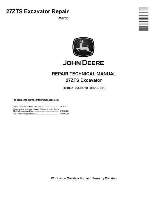 John Deere 27ZTS Compact Excavators (Metric) Repair Manual (TM1837)