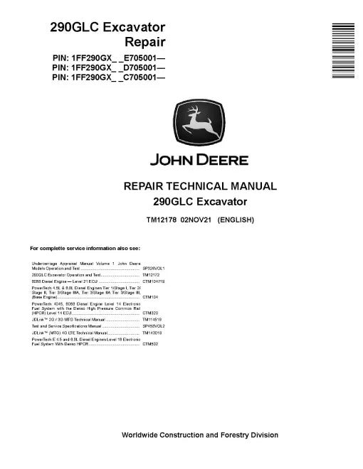 John Deere 290GLC Crawler Excavator Pdf Technical Service Repair Manual TM12178