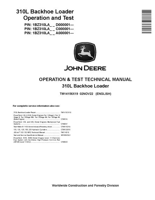 John Deere 310L Backhoe Loader Pdf Diagnostic, Operation and Test Manual TM14156X19