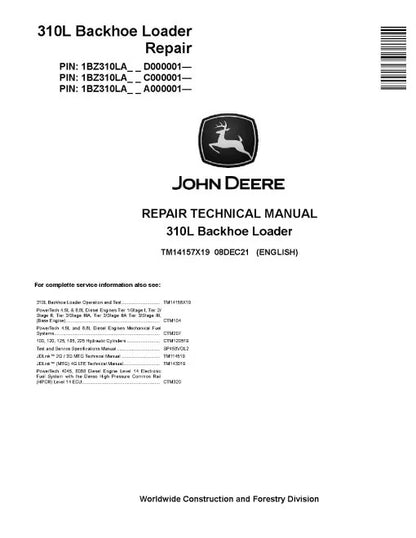 John Deere 310L Backhoe Loader Pdf Technical Service Repair Manual TM14157X19