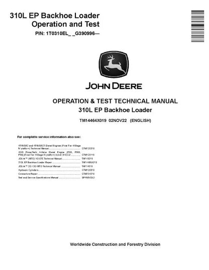 John Deere 310L EP Backhoe Loader Pdf Diagnostic, Operation and Test Manual TM14464X019