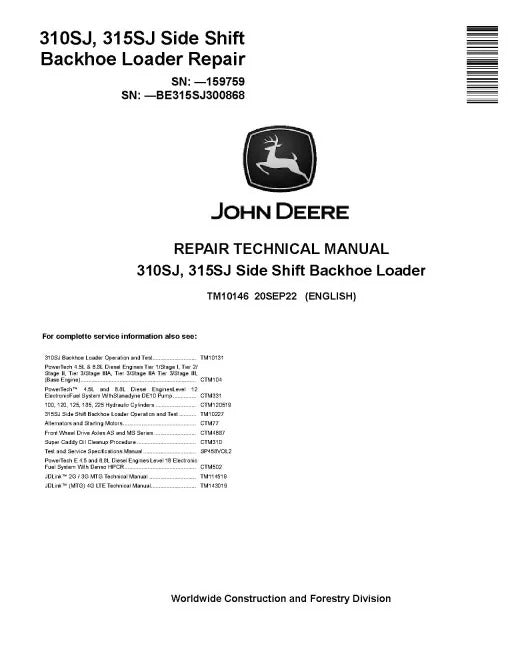 John Deere 310SJ and 315SJ Side Shift Backhoe Loaders Pdf Technical Service Repair Manual TM10146