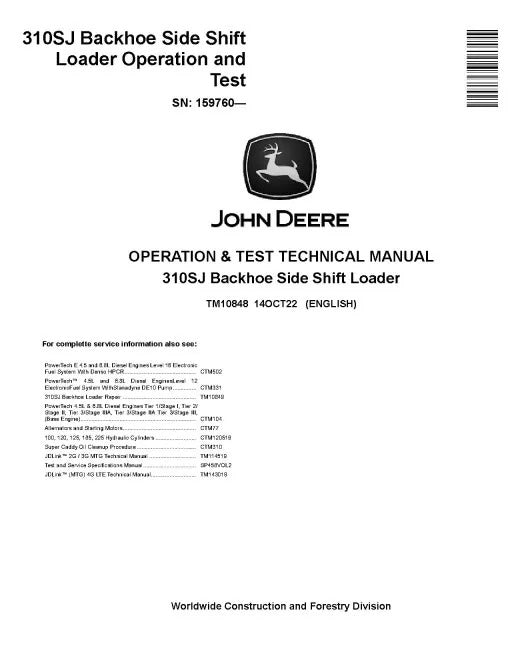 John Deere 310SJ Side Shift Backhoe Loader Pdf Diagnostic, Operation and Test Manual TM10848