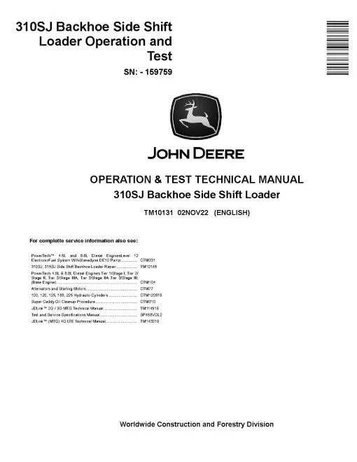 John Deere 310SJ Side Shift Backhoe Loaders Pdf Diagnostic, Operation and Test Manual TM10131