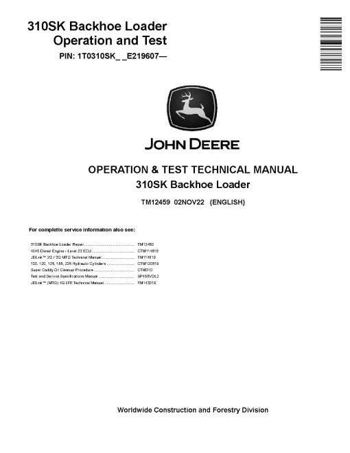John Deere 310SK Side Shift Backhoe Loader Pdf Diagnostic, Operation and Test Manual TM12459