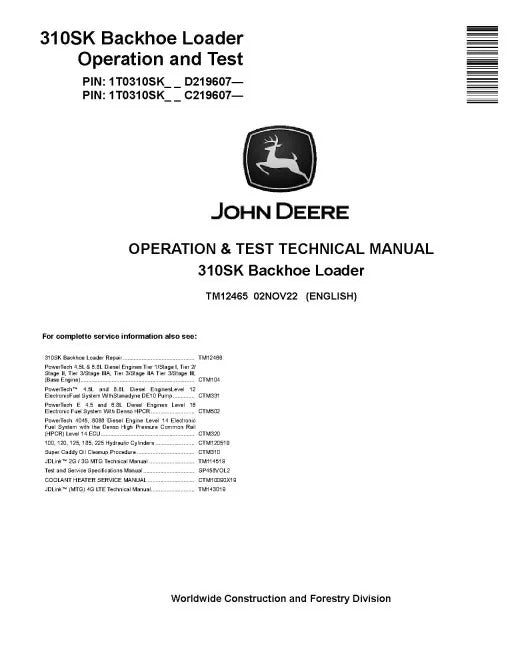 John Deere 310SK Side Shift Backhoe Loader Pdf Diagnostic, Operation and Test Manual TM12465