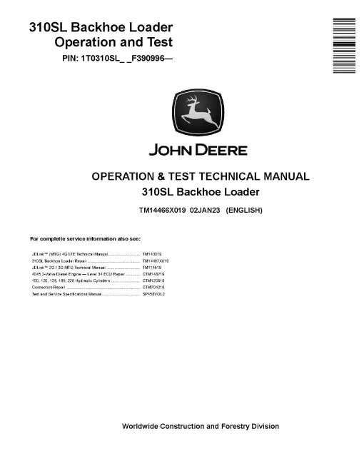 John Deere 310SL Side Shift Backhoe Loader Pdf Diagnostic, Operation and Test Manual TM14466X019