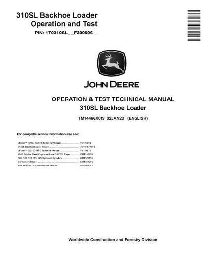 John Deere 310SL Side Shift Backhoe Loader Pdf Diagnostic, Operation and Test Manual TM14466X019