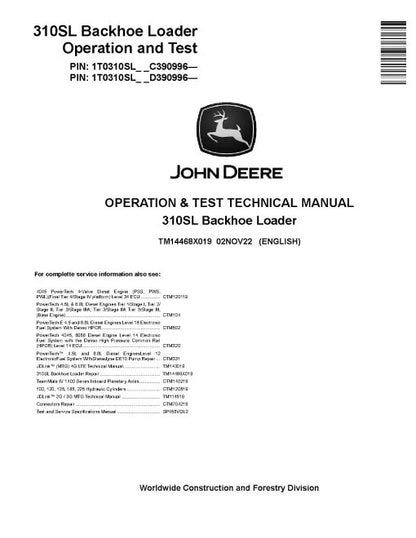 John Deere 310SL Side Shift Backhoe Loader Pdf Diagnostic, Operation and Test Manual TM14468X019