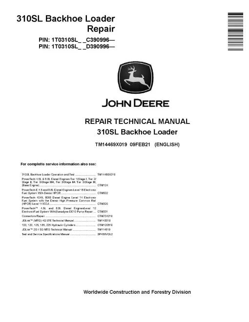 John Deere 310SL Side Shift Backhoe Loader Pdf Technical Service Repair Manual TM14469X019