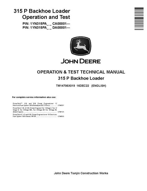 John Deere 315P Backhoe Loader Pdf Diagnostic, Operation and Test Manual TM14706X019