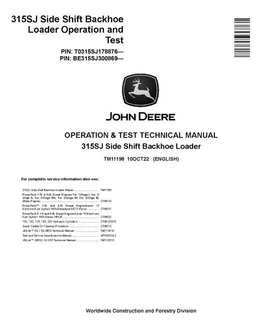 John Deere 315SJ Side Shift Backhoe Loaders Pdf Diagnostic, Operation and Test Manual TM11198