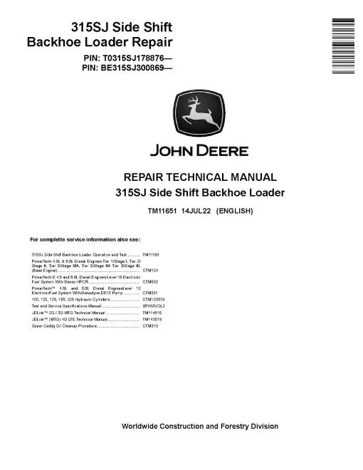 John Deere 315SJ Side Shift Backhoe Loaders Pdf Technical Service Repair Manual TM11651